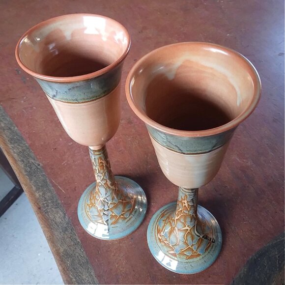 Gorgeous pair of Tall, Slender Hand Thrown and Glazed Stoneware Goblets - Picture 2 of 13